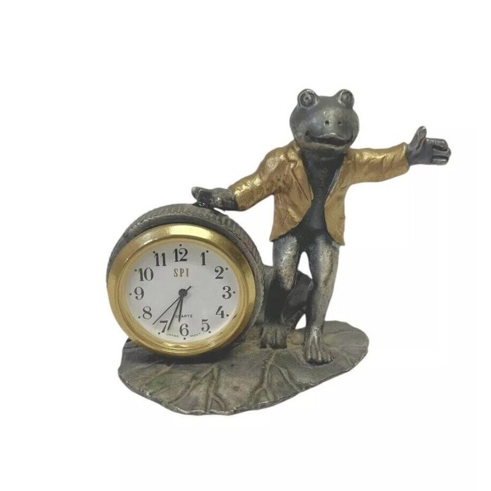 Vintage 1994 SPI Pewter Frog With Gold Jacket Clock Figurine Needs Battery